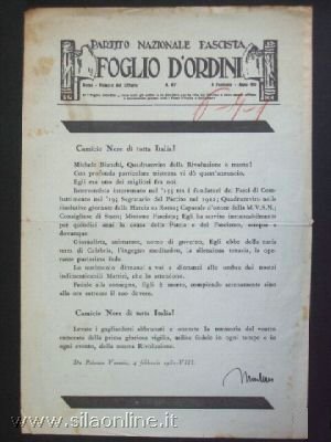 Foglio d'Ordini n. 67 del 4 febbraio 1930 - Morte di Michele Bianchi