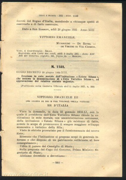Regio Decreto del 20 Giugno 1935 - Erezione in ente morale dell'istituzione 'Estate Silana'